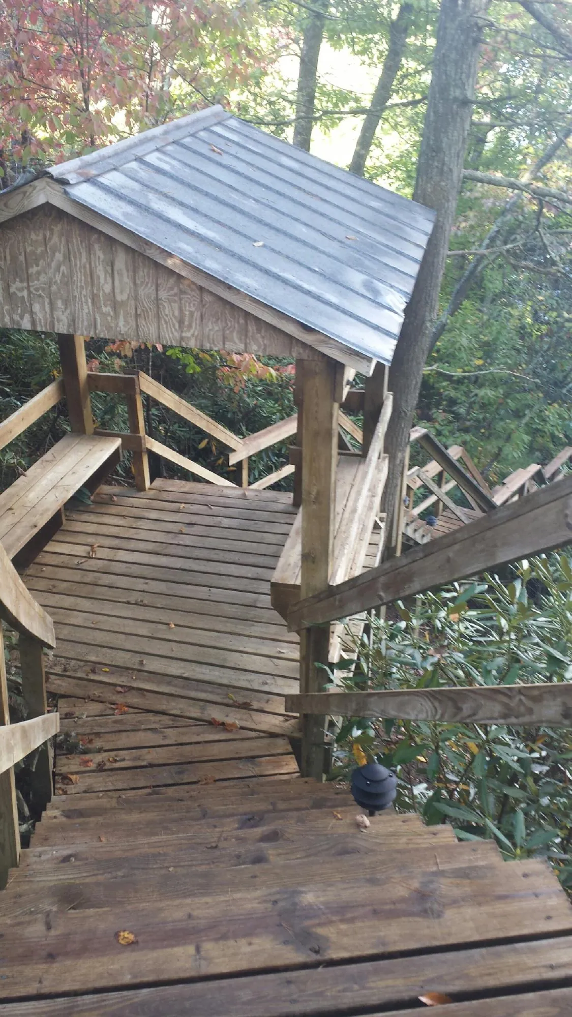 Metal roofed shelter over wooden steps on a wooded walkway — Skylight Repair & Installation work by our crew in Dupont